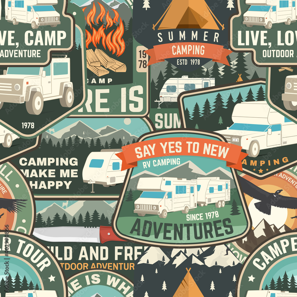 Fototapeta premium Summer camp colorful seamless pattern with rv trailer, camping tent, campfire, bear,camping tent and inspirational quotes. Vector. Background, wallpaper, seamless pattern with patches