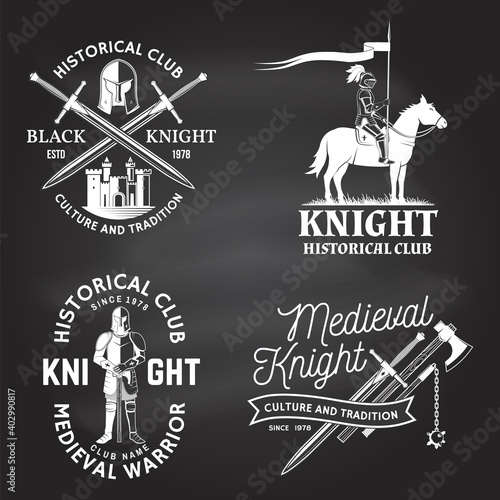 Set of knight historical club badge design Vector Concept for shirt, print, stamp, overlay or template. Vintage typography design with knight, knight on a horse, swords castle silhouette