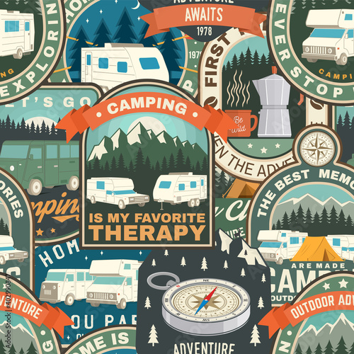 Summer camp colorful seamless pattern with rv trailer, camping tent, campfire, bear,camping tent and inspirational quotes. Vector. Background, wallpaper, seamless pattern with patches