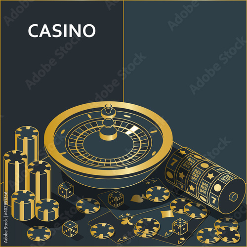 Casino banner. Roulette and slot, chips, dices and cards
