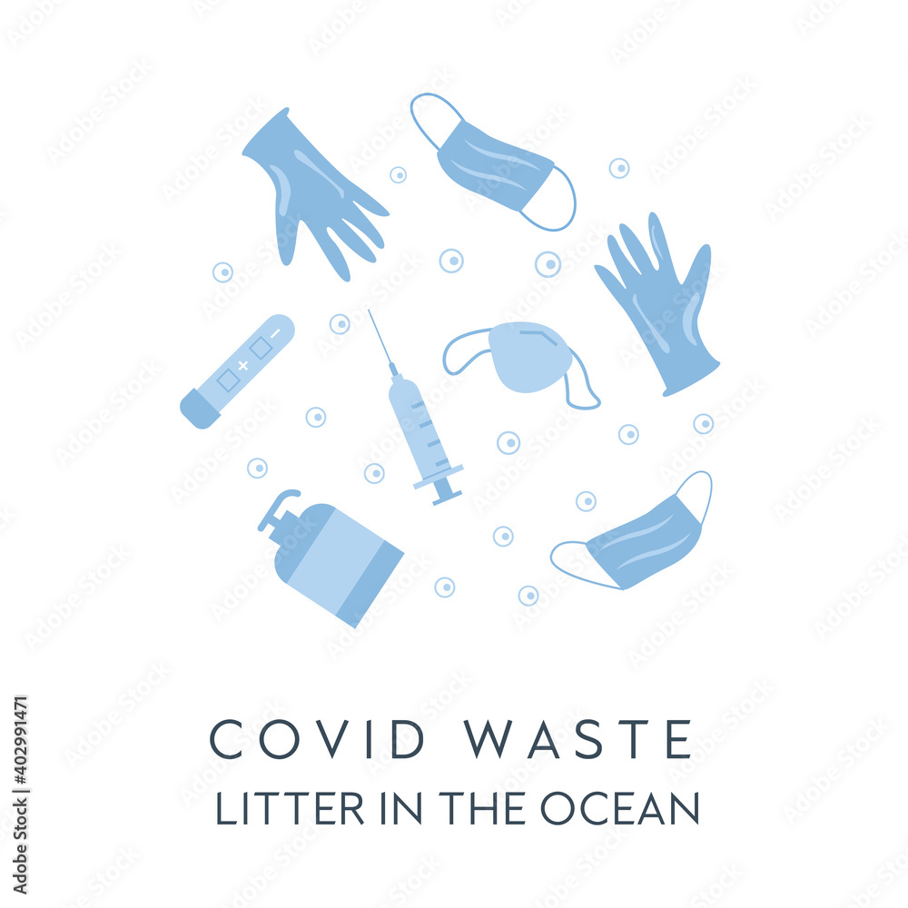 Banner Covid waste litter in the ocean. Face masks, latex gloves, medical garbage after COVID 19. Web template of coronavirus plastic pollution. Concept of pandemic garbage. Vector flat illustration. Banner Covid waste litter in the ocean. Face masks, latex gloves, medical garbage after COVID 19. Web template of coronavirus plastic pollution. Concept of pandemic garbage. Vector flat illustration.