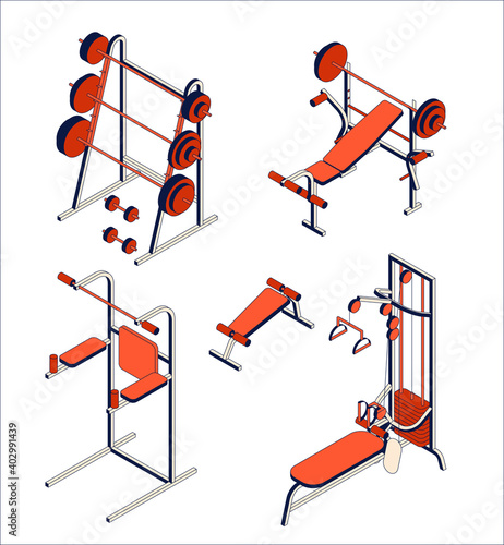 Gym and fitness club equipment collection. Isometric set of training apparatus