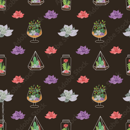 Vector seamless pattern with different suculents and home plants and cactuses and florariums.  Illustration for textile and wrapping paper. 