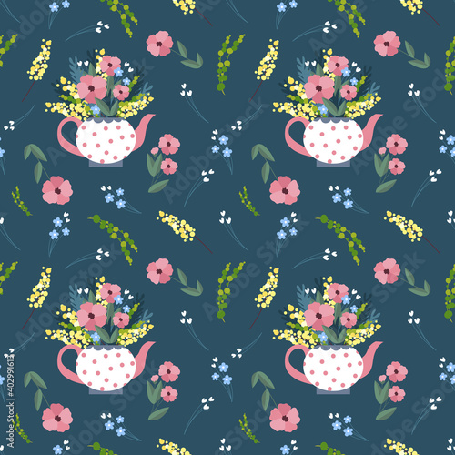 Vector seamless pattern with teapot and flowers. Dark blue. Vector illustration for wrapping paper, textile, decorations.