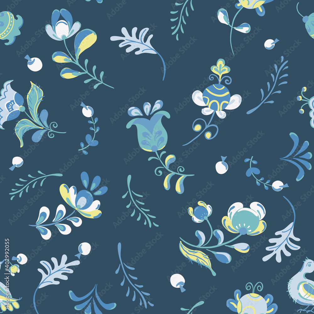 Vector seamless pattern with flowers and bird in Scandinavian style. Vector seamless pattern with flowers and bird in Scandinavian style.