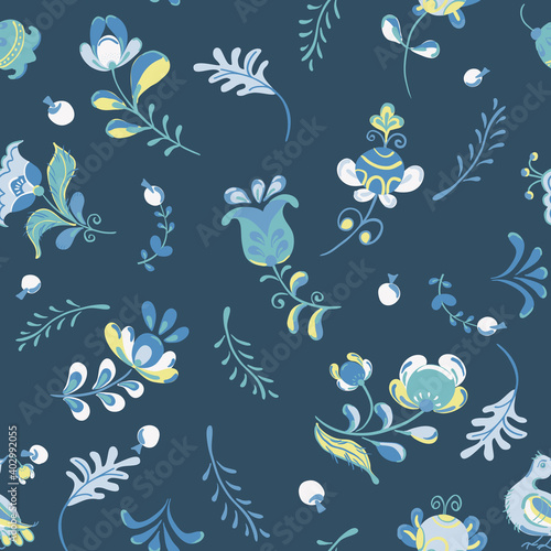 Vector seamless pattern with flowers and bird in Scandinavian style.