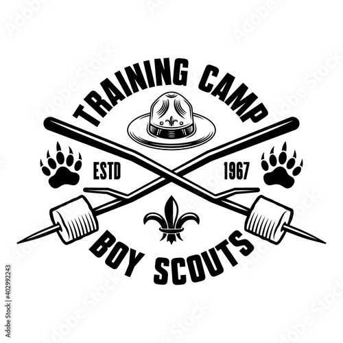 Camping and outdoors black and white emblem, badge, label or logo in vintage style. Boy scout hat and two crossed marshmallow on sticks vector illustration