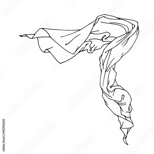a piece of cloth fluttering in the wind, scarf, drapery for decoration, vector illustration with black ink contour lines isolated on a white background in a doodle & hand drawn style