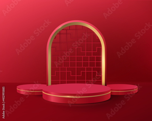 3D red and gold circle shape podium display with vintage Chinese frame. Chinese new year banner or greeting card. Vector Illustration