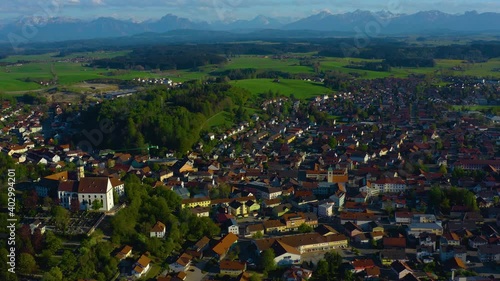 Aerial view of the city and monastery Marktoberdorf in Bavaria, Germany on a late afternoon photo