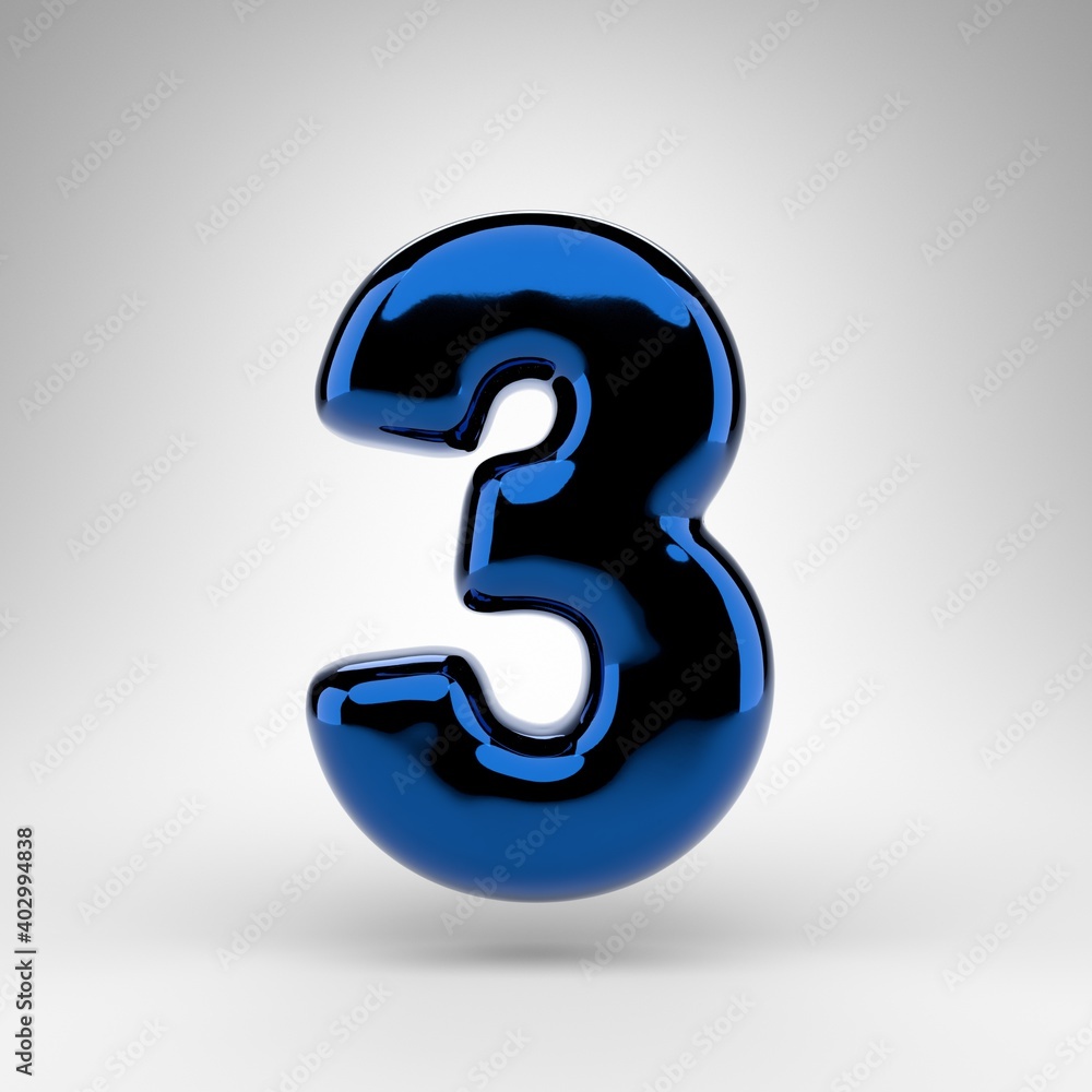 Number 3 on white background. Blue chrome 3D number with glossy surface. Number 3 on white background. Blue chrome 3D number with glossy surface.