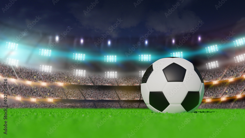 Fototapeta premium Ball on soccer field and bright spotlights. 3d rendering