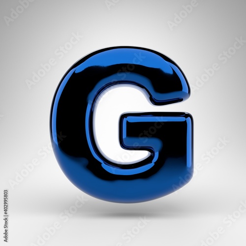 Letter G uppercase on white background. Blue chrome 3D letter with glossy surface.