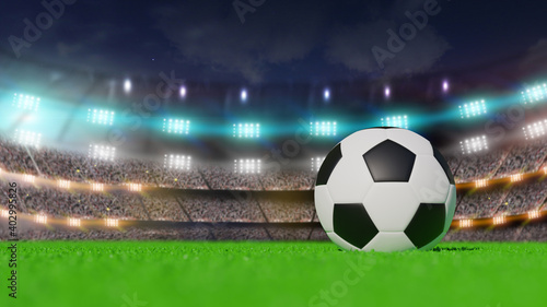 Ball on soccer field and bright spotlights. 3d rendering © fgnopporn