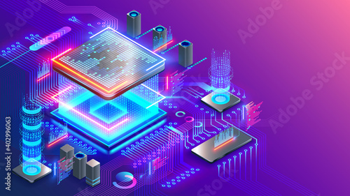 Blockchain cryptocurrency technology isometric concept. Graphic cpu miner mines electronic crypto currency. Banking Blockchain Fintech. CPU processor chip on circuit board generating digital money.