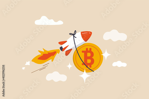 Bitcoin price skyrocket hit record high, cryptocurrency investor got rich with growth high value trading concept, speedy rocket ship holding bitcoin physical coin flying high through space cloud.