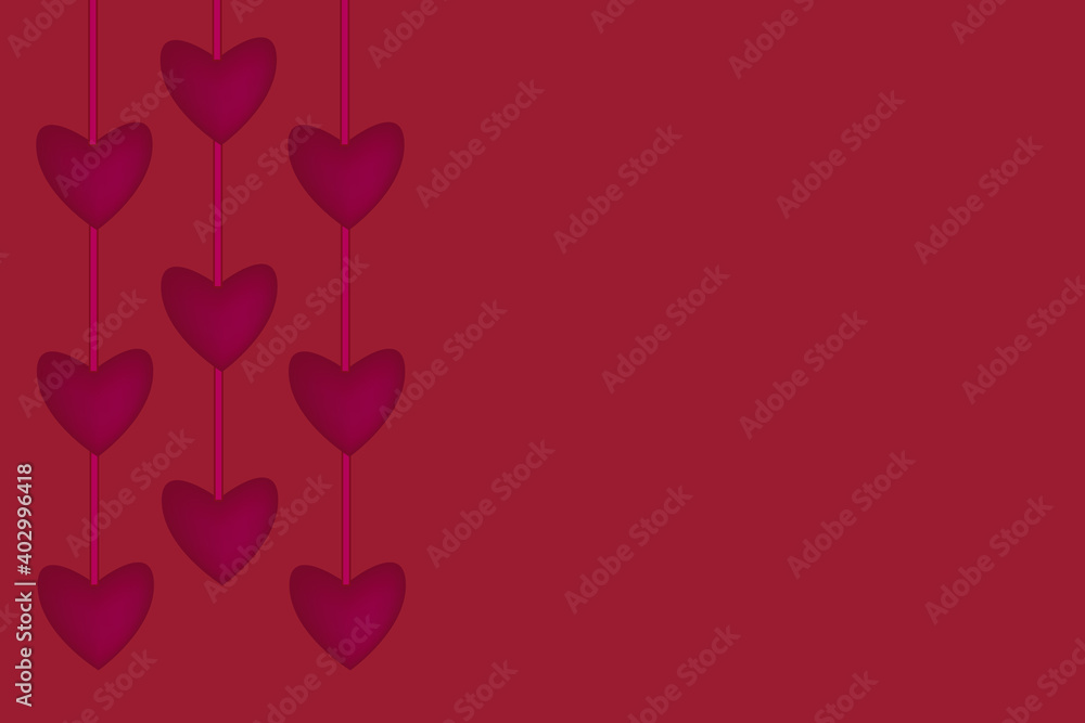 Vector red background with hearts on the ribbon. The concept of love.