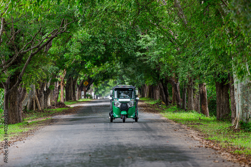 Tuk tuk driving on a road between green trees