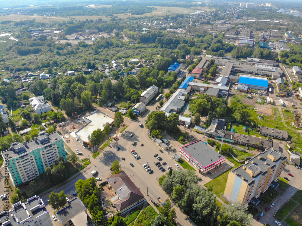 Aerial view of the Komintern microdistrict in summer (Kirov, Russia)