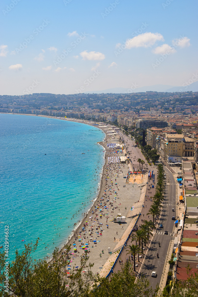 Panoramic aerial view of sea, coast and town, Nice, South of France
