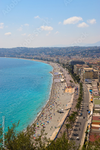 Panoramic aerial view of sea  coast and town  Nice  South of France