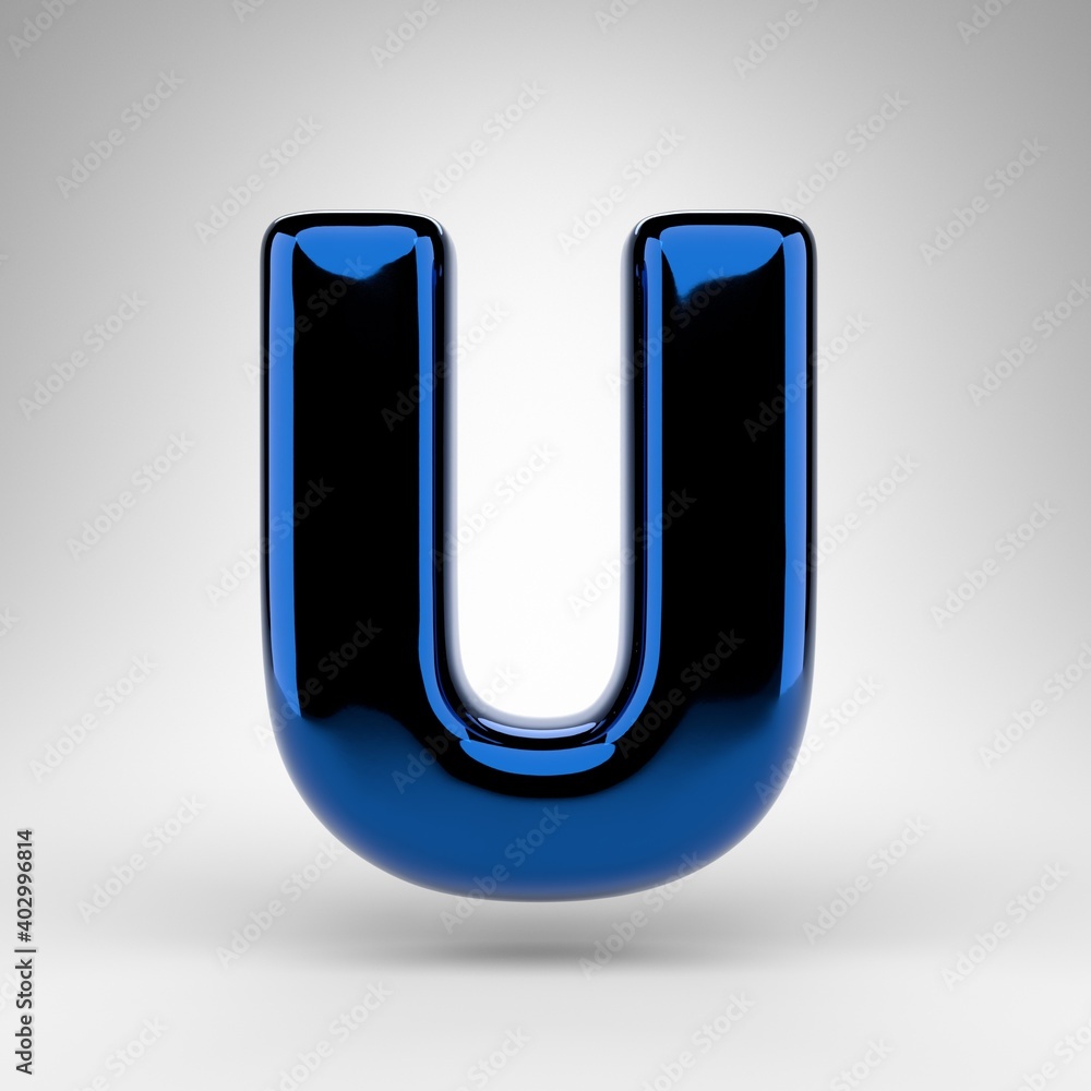 Letter U uppercase on white background. Blue chrome 3D letter with glossy surface. Letter U uppercase on white background. Blue chrome 3D letter with glossy surface.