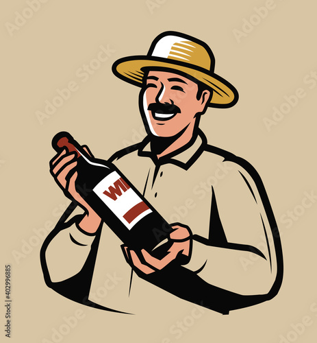 Wine production. Farmer with bottle in hands vector illustration