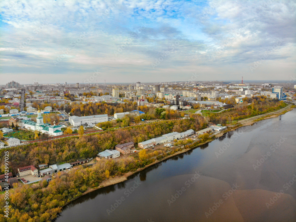 Aerial view of the Vyatka river bank in autumn (Kirov, Russia)