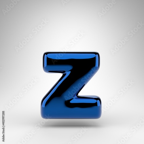 Letter Z lowercase on white background. Blue chrome 3D letter with glossy surface.