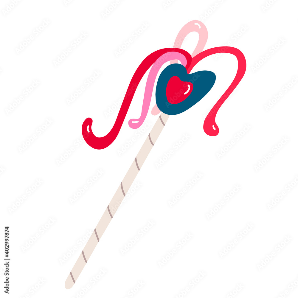 Love magic wand decorated with ribbons and heart. Valentine's day decoration. Vector illustration for posters and greeting cards design isolated on white. Hand drawn flat style. Love magic wand decorated with ribbons and heart. Valentine's day decoration. Vector illustration for posters and greeting cards design isolated on white. Hand drawn flat style.