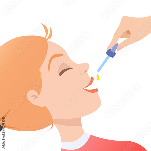 Woman taking vitamin or cbd oil in dropper