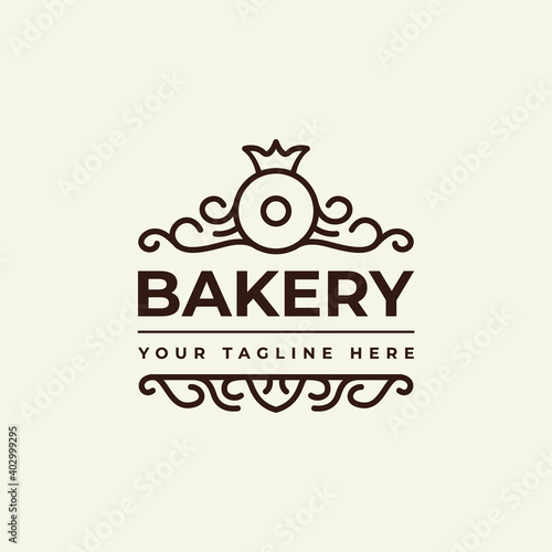 logo vector design for bakery or home made bakery business, with fancy style donut icon illustration, with ornamental element decoration and king crown