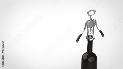 bottle opener and bottle white background one right angled 3D Render