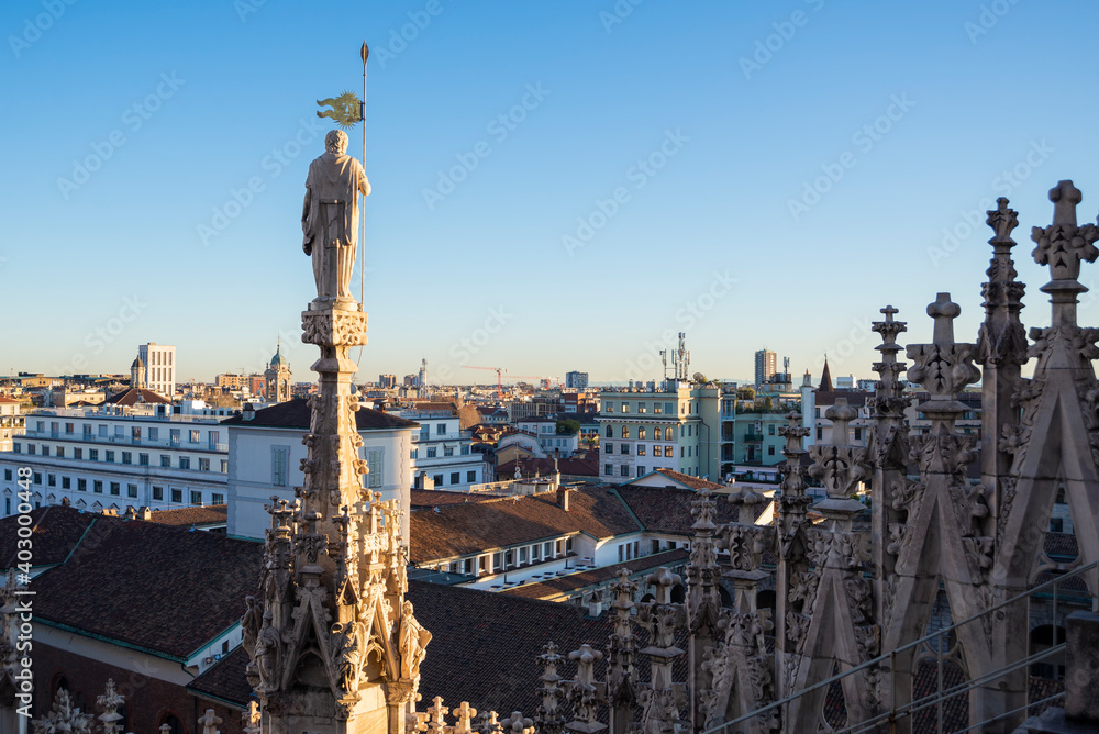 View of the city of Milan from the roof of Milan's cathedral