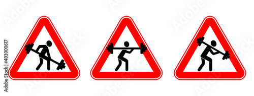 Free Download Weightlifter with a barbell. Fitness and bodybuilding. Silhouette logo sign illustration. Humor. Road sign in red triangle - GFXLoad