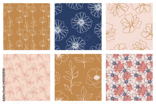 Floral seamless patterns set with beautiful flowers