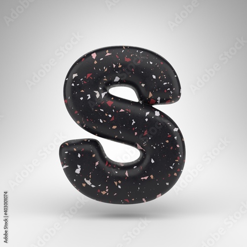 Letter S uppercase on white background. 3D letter with black terrazzo pattern texture.