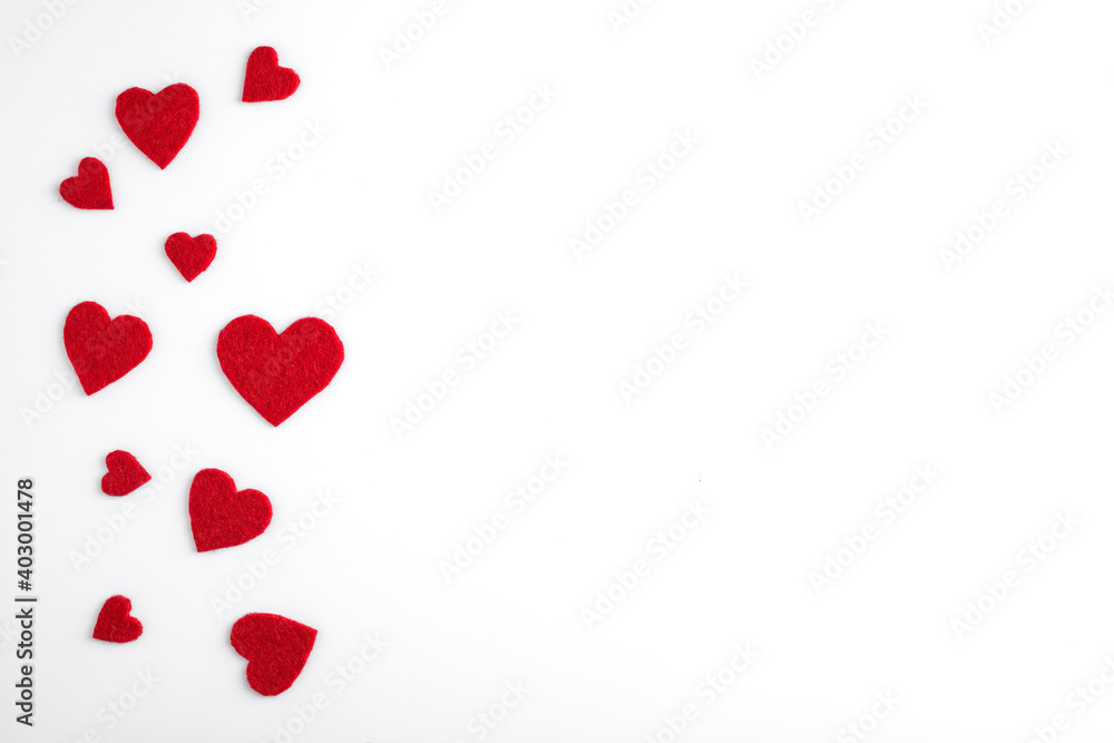 Red Hearts on white background. love, valentines day. with copy space top view