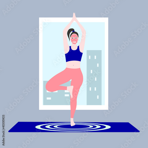 Body-positive girl is doing yoga in cosmetic mask staying at home. Tree pose asana. Vector hand drawn flat illustration. Quarantine time. 