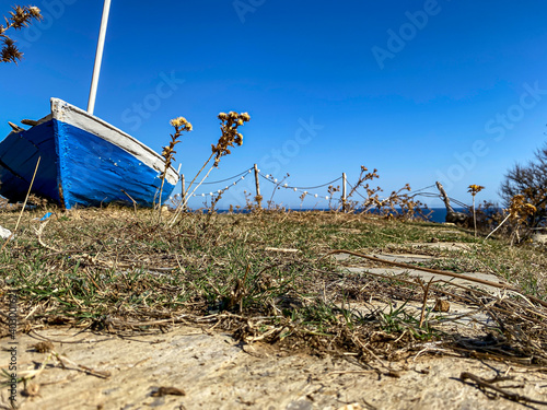 blue white Boat, sky and sea