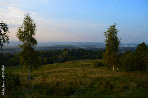 A rural field in the sun's contoured light against a background of trees.Evening summer landscape