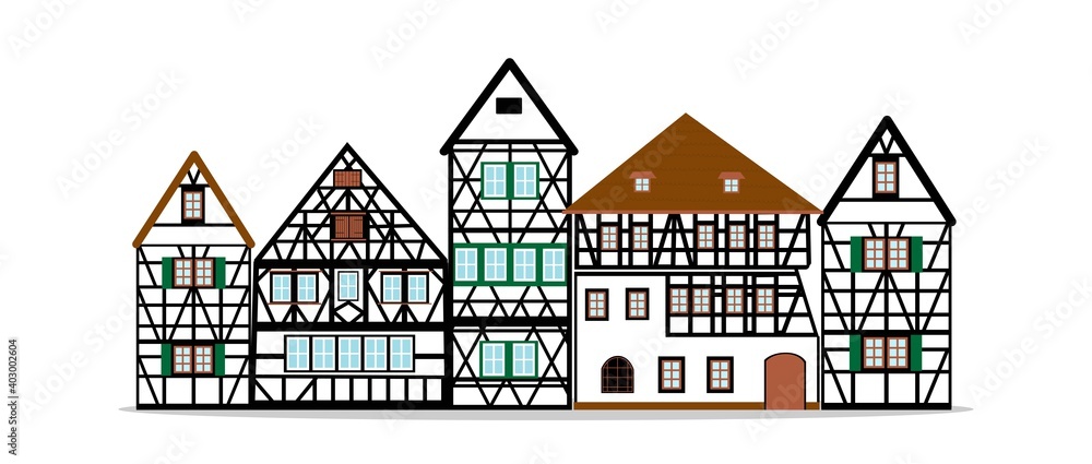 Set of Old german houses with black wooden beams ang green elements. colored half timbered building. Flat facades of european framing houses, cottages