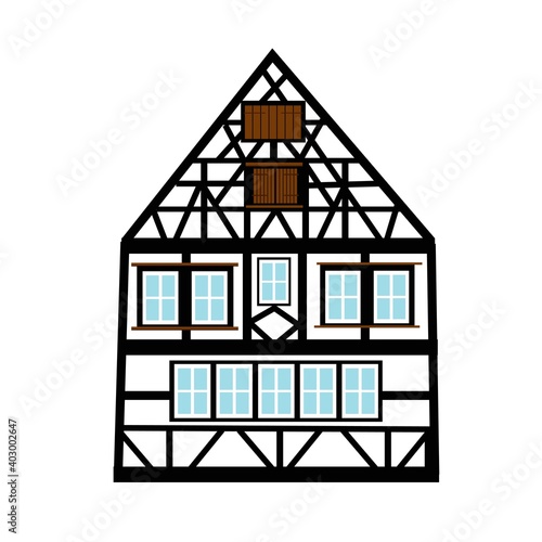 Old german house with wooden beams. colored half timbered building. Flat facades of european framing houses, cottages
