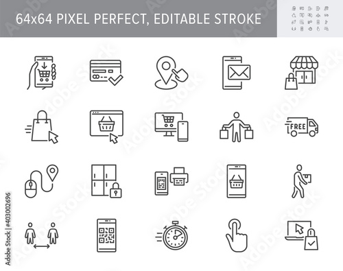 Click and collect service line icons. Vector illustration with icon - online shopping, qr code, basket, delivery, package, store outline pictogram for e-commerce. 64x64 Pixel Perfect Editable Stroke photo