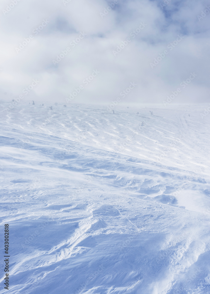 Surface of a snow-covered mountain slope. Selective focus.