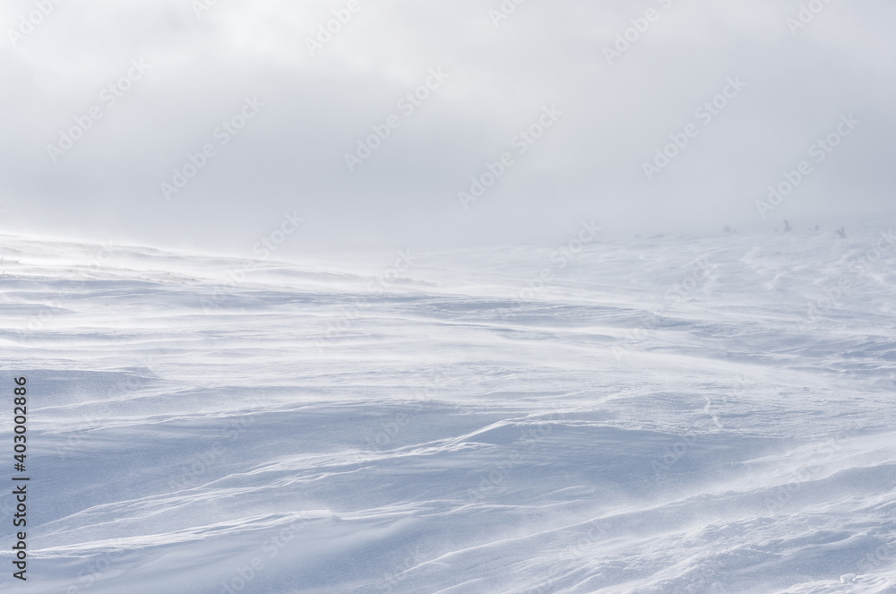 Textured surface of a snow-covered slope. Selective focus.