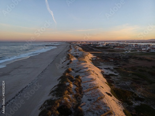 Aerial panorama of atlantic coastal beach seaside Praia da Costa Nova do Prado Aveiro Ilhavo Portugal Europe