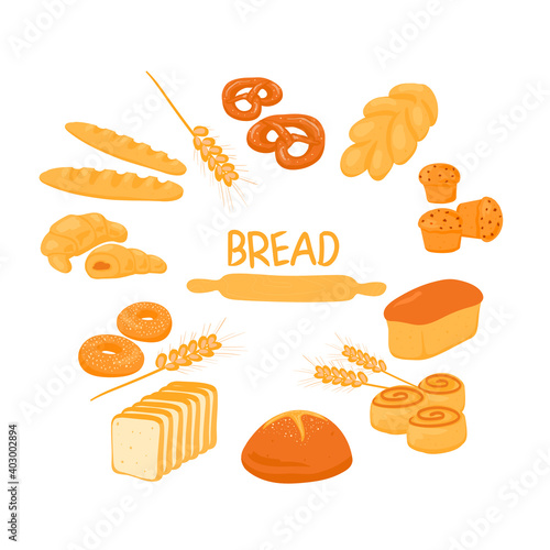 Cartoon bread icons set on a white background. Fresh and testy rye and wheat bread, croissant, pretzel, muffin, bagel, roll, toast bread, baguette.