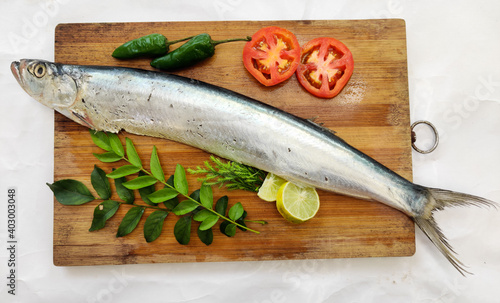 Fresh Dorab wolf herring fish decorated with herbs and vegetables on a wooden pad,White background.Selective focus. photo