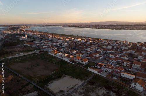 Aerial panorama of atlantic coastal beach town village seaside Praia da Costa Nova do Prado Aveiro Ilhavo Portugal
